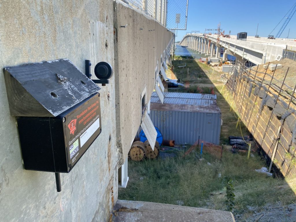 Redundant instrumentation installed at the Maryland abutment of the Harry Nice Bridge during superstructure construction monitoring.