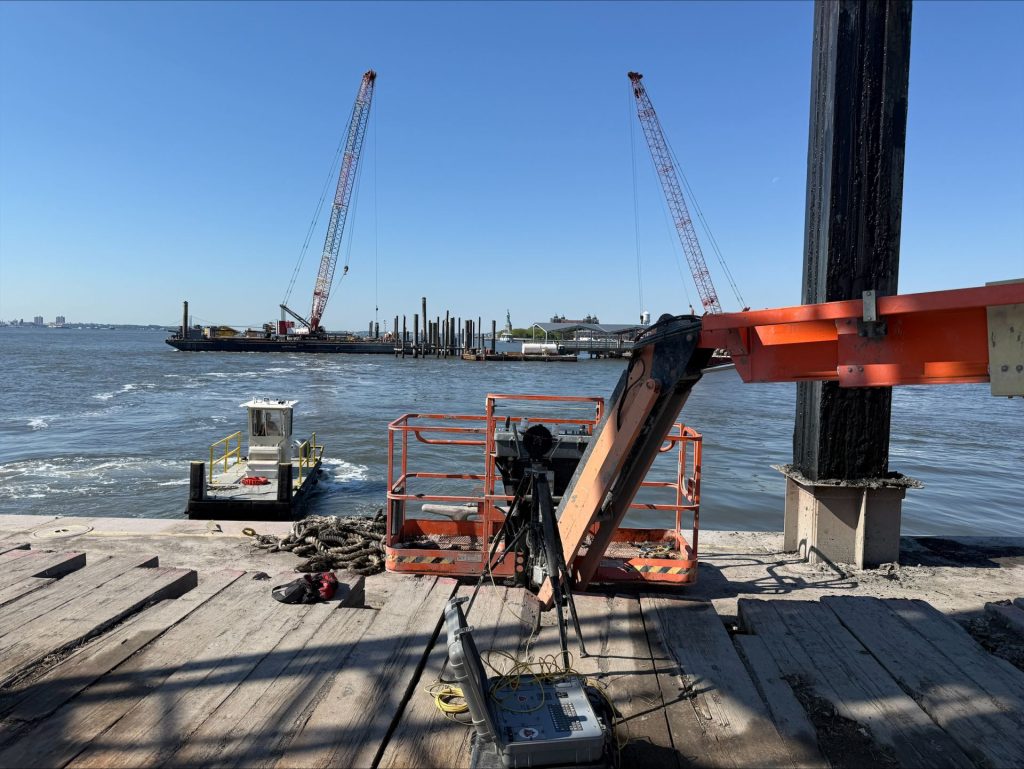 Crosshole Sonic Logging testing equipment at the Liberty State Park Ferry and Emergency Evacuation Terminal construction site in Jersey City, New Jersey.
