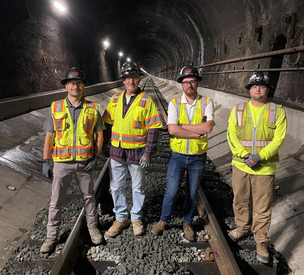 Foundation Test Group field team inside the Howard Street Tunnel during rehabilitation monitoring in Baltimore.